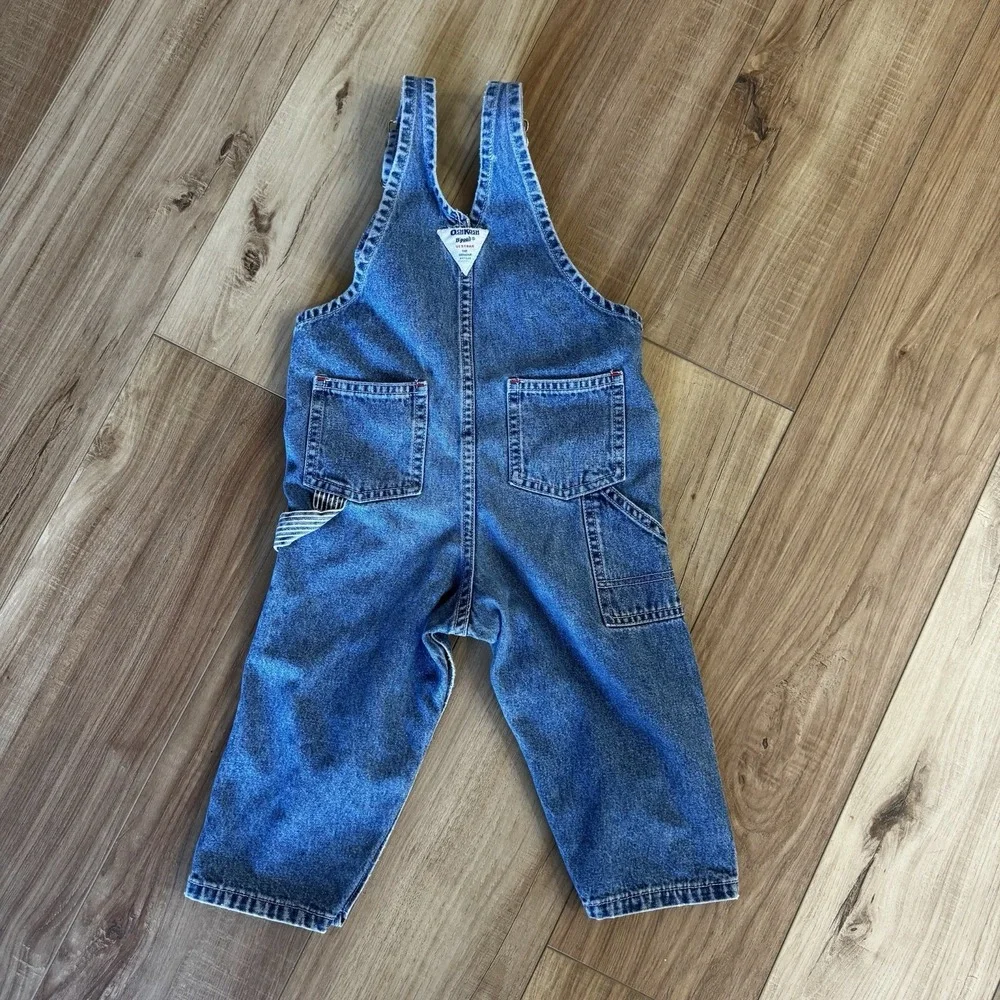 Vtg OSHKOSH 24 Month Toddler Railroad Stripe Pocket Vestbak Overalls Snaps Y2K